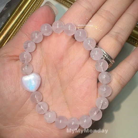 Herkimer Diamond Bracelet 8mm with Heart Moonstone - Picture 1 of 7